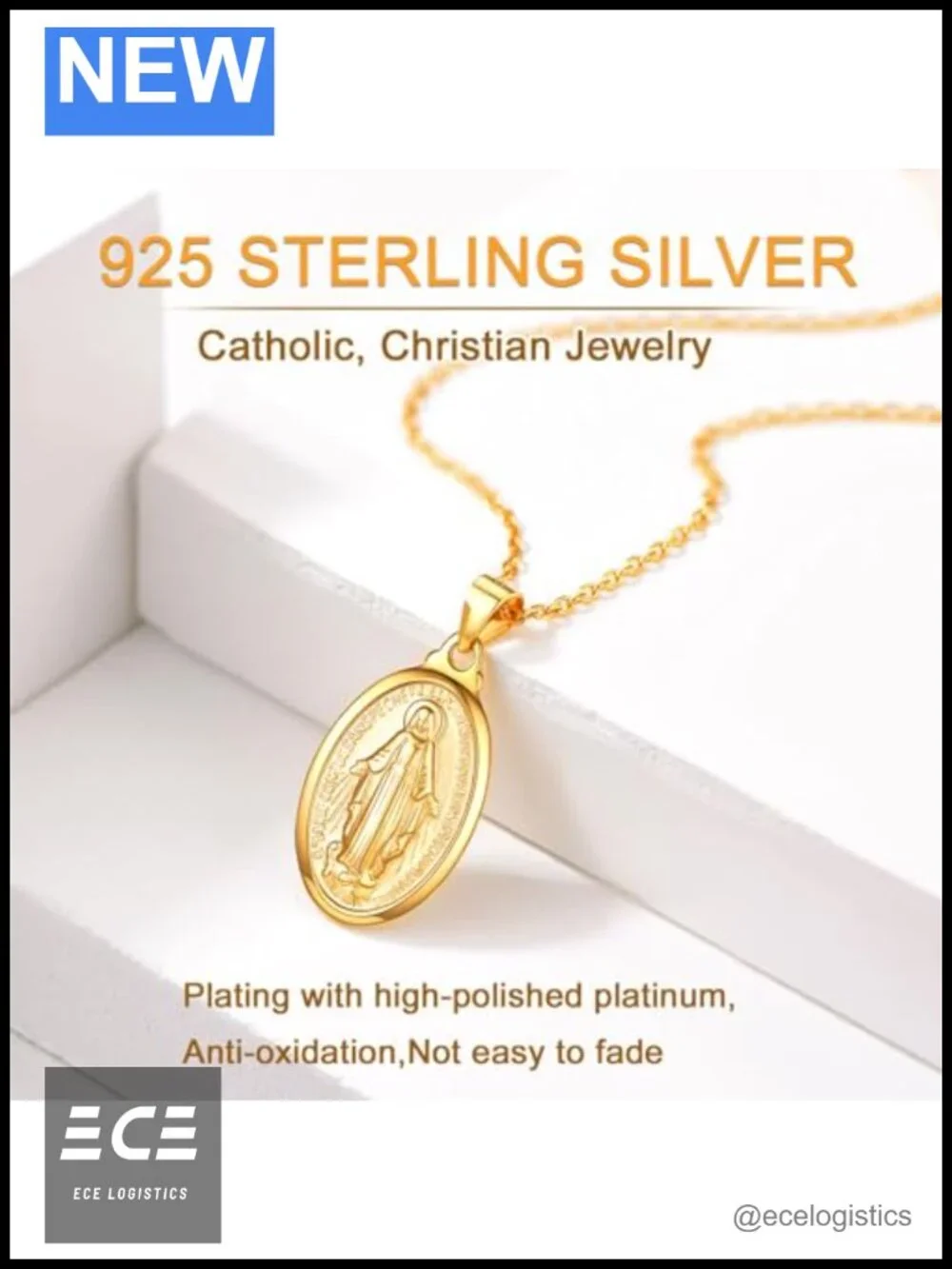 Sterling Silver Virgin Mary Pendant Necklace 18k Gold Plated 18in